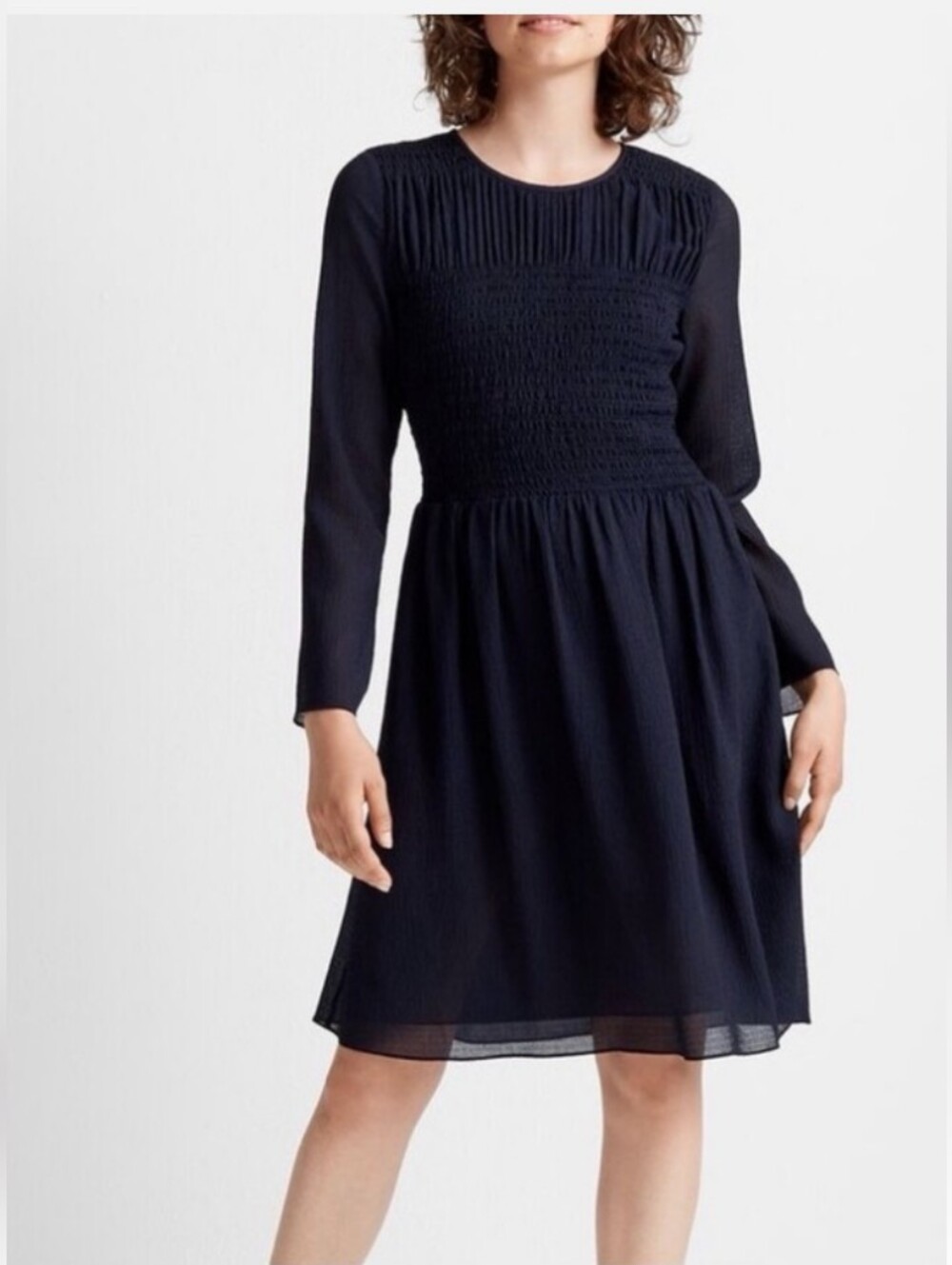 Club Monaco Navy Blue Long-Sleeve Smocked Waist Dress